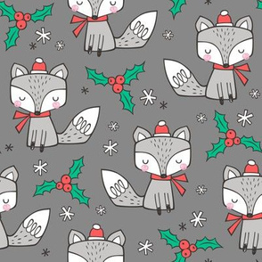Winter Christmas Xmas Holidays Fox With snowflakes , hats  beanies,scarf  on Dark Grey