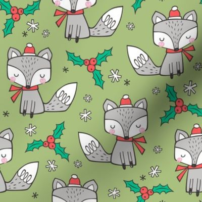 Winter Christmas Xmas Holidays Fox With snowflakes , hats  beanies,scarf  on Green