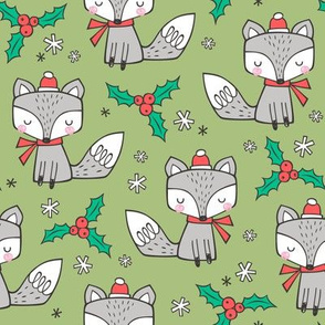 Winter Christmas Xmas Holidays Fox With snowflakes , hats  beanies,scarf  on Green