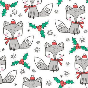 Winter Christmas Xmas Holidays Fox With snowflakes , hats  beanies,scarf  on White