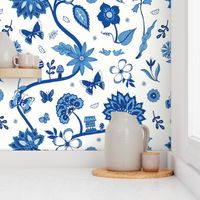 Willow pattern floral - blue and white  - Large scale