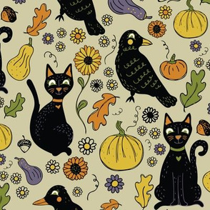 Black Cats and Ravens with Fall Leaves and Pumpkins, Big