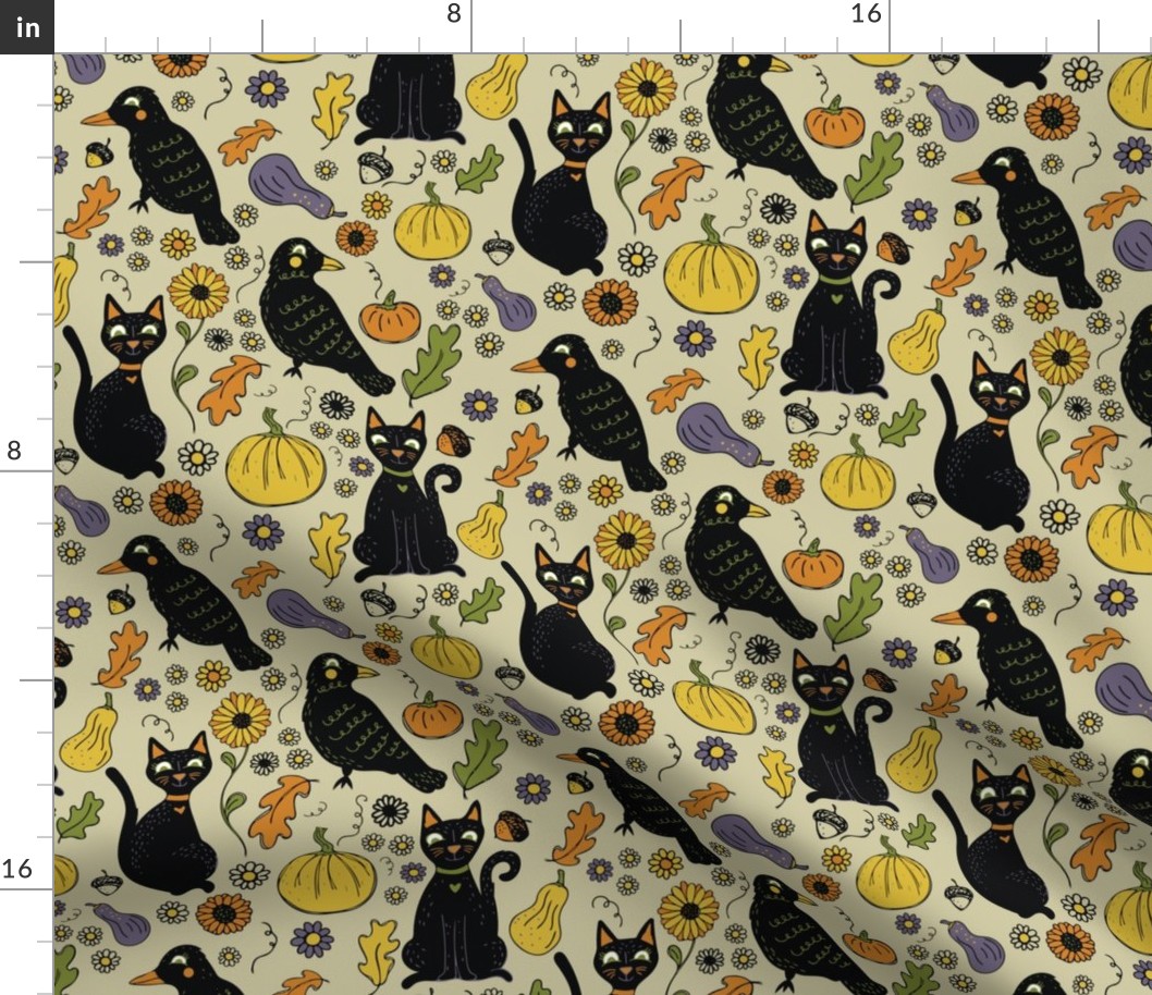 Black Cats and Ravens with Fall Leaves and Pumpkins, Big