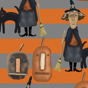 Halloween Prim Witch, Cat and Pumpkins