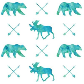 moose, bear, and arrows || watercolor blue and green