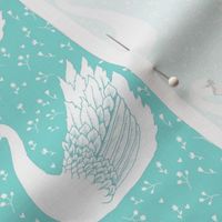 SWAN in aqua with white flowers