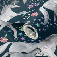 Mom and baby unicorns with stars on dark