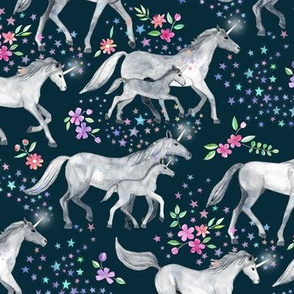 Mom and baby unicorns with stars on dark