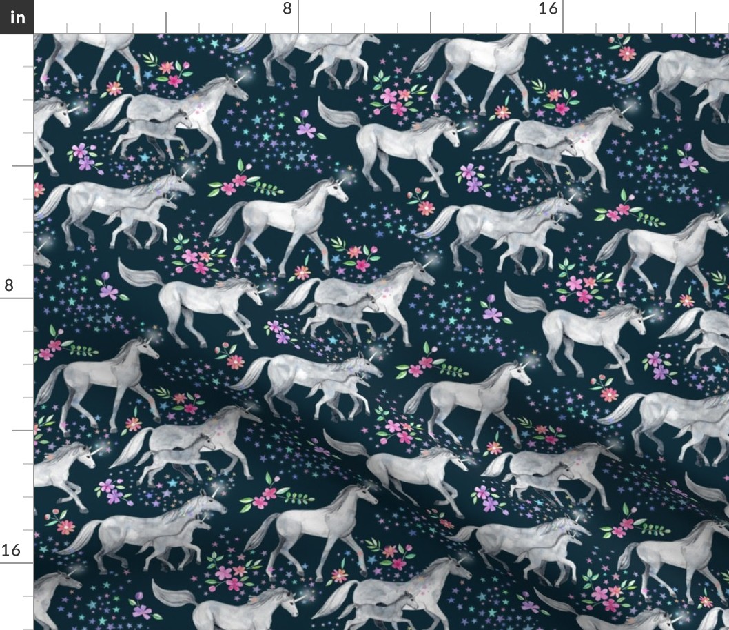 Mom and baby unicorns with stars on dark