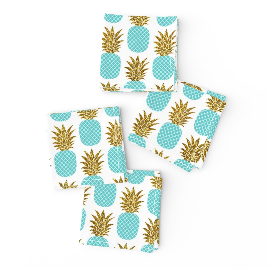 gold glitter pineapples – gold and turquoise on white, small. pineapples faux gold imitation tropical white background hot summer fruits shimmering metal effect texture fabric wallpaper giftwrap