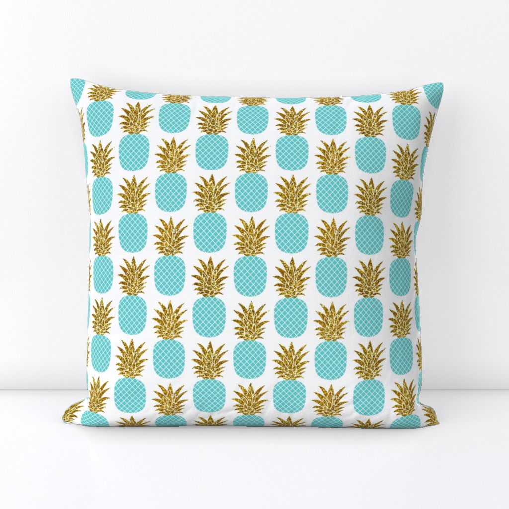 gold glitter pineapples – gold and turquoise on white, small. pineapples faux gold imitation tropical white background hot summer fruits shimmering metal effect texture fabric wallpaper giftwrap