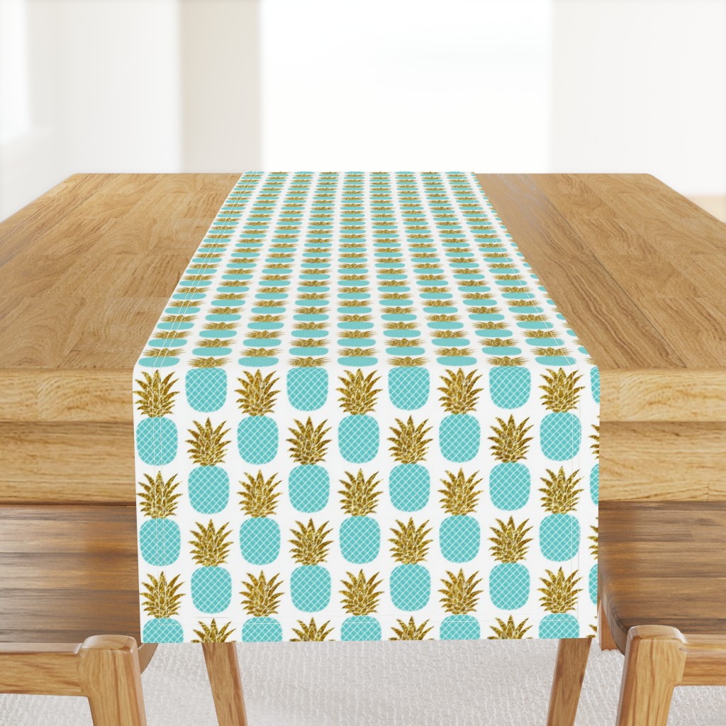 gold glitter pineapples – gold and turquoise on white, small. pineapples faux gold imitation tropical white background hot summer fruits shimmering metal effect texture fabric wallpaper giftwrap