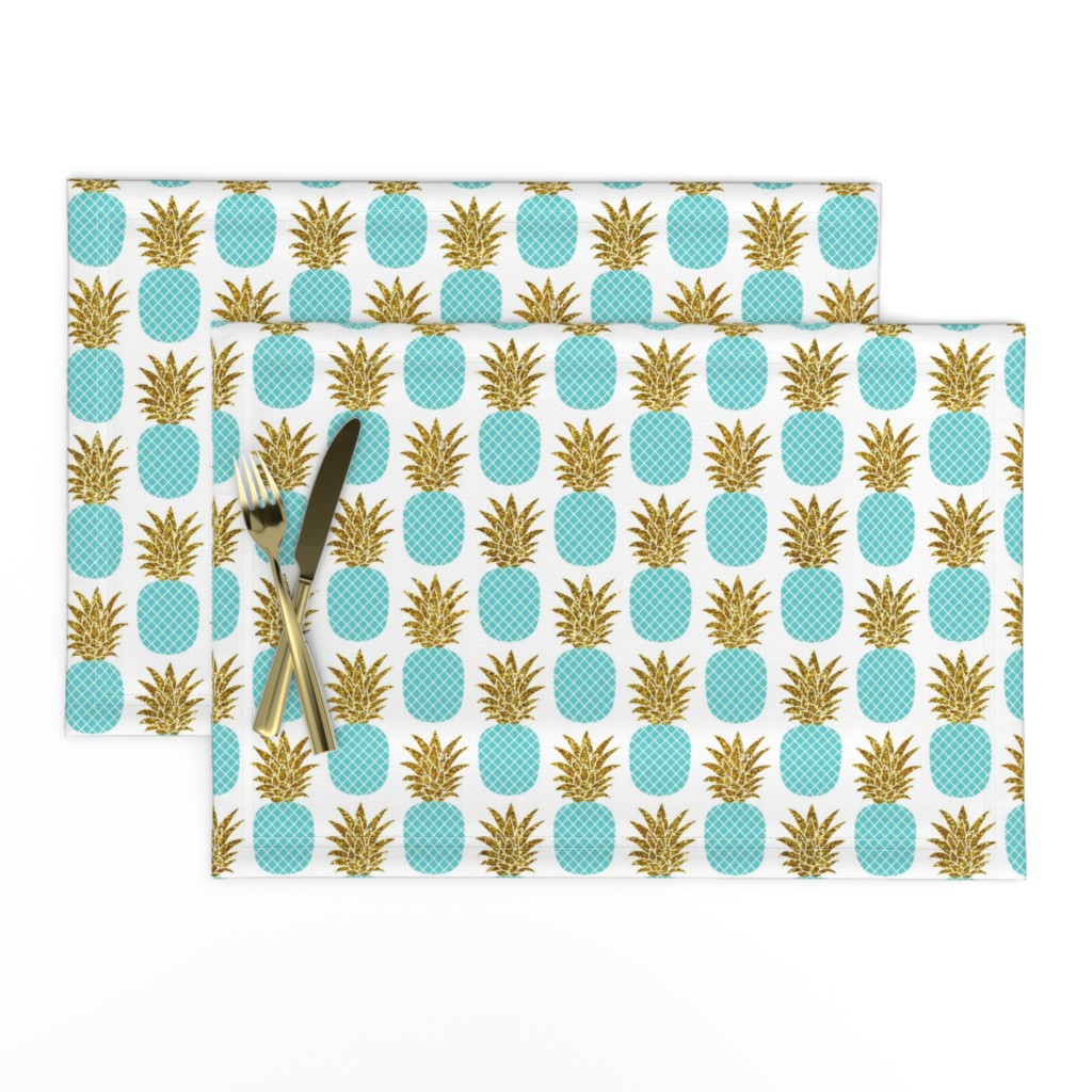 gold glitter pineapples – gold and turquoise on white, small. pineapples faux gold imitation tropical white background hot summer fruits shimmering metal effect texture fabric wallpaper giftwrap