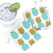 gold glitter pineapples – gold and turquoise on white, small. pineapples faux gold imitation tropical white background hot summer fruits shimmering metal effect texture fabric wallpaper giftwrap