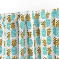 gold glitter pineapples – gold and turquoise on white, small. pineapples faux gold imitation tropical white background hot summer fruits shimmering metal effect texture fabric wallpaper giftwrap