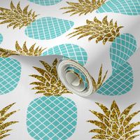 gold glitter pineapples – gold and turquoise on white, small. pineapples faux gold imitation tropical white background hot summer fruits shimmering metal effect texture fabric wallpaper giftwrap