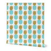 gold glitter pineapples – gold and turquoise on white, small. pineapples faux gold imitation tropical white background hot summer fruits shimmering metal effect texture fabric wallpaper giftwrap