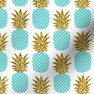gold glitter pineapples – gold and turquoise on white, small. pineapples faux gold imitation tropical white background hot summer fruits shimmering metal effect texture fabric wallpaper giftwrap