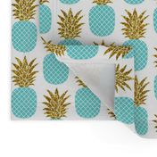 gold glitter pineapples – gold and turquoise on white, small. pineapples faux gold imitation tropical white background hot summer fruits shimmering metal effect texture fabric wallpaper giftwrap