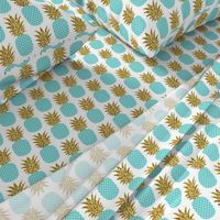 gold glitter pineapples – gold and turquoise on white, small. pineapples faux gold imitation tropical white background hot summer fruits shimmering metal effect texture fabric wallpaper giftwrap