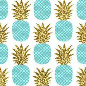 gold glitter pineapples – gold and turquoise on white, small. pineapples faux gold imitation tropical white background hot summer fruits shimmering metal effect texture fabric wallpaper giftwrap