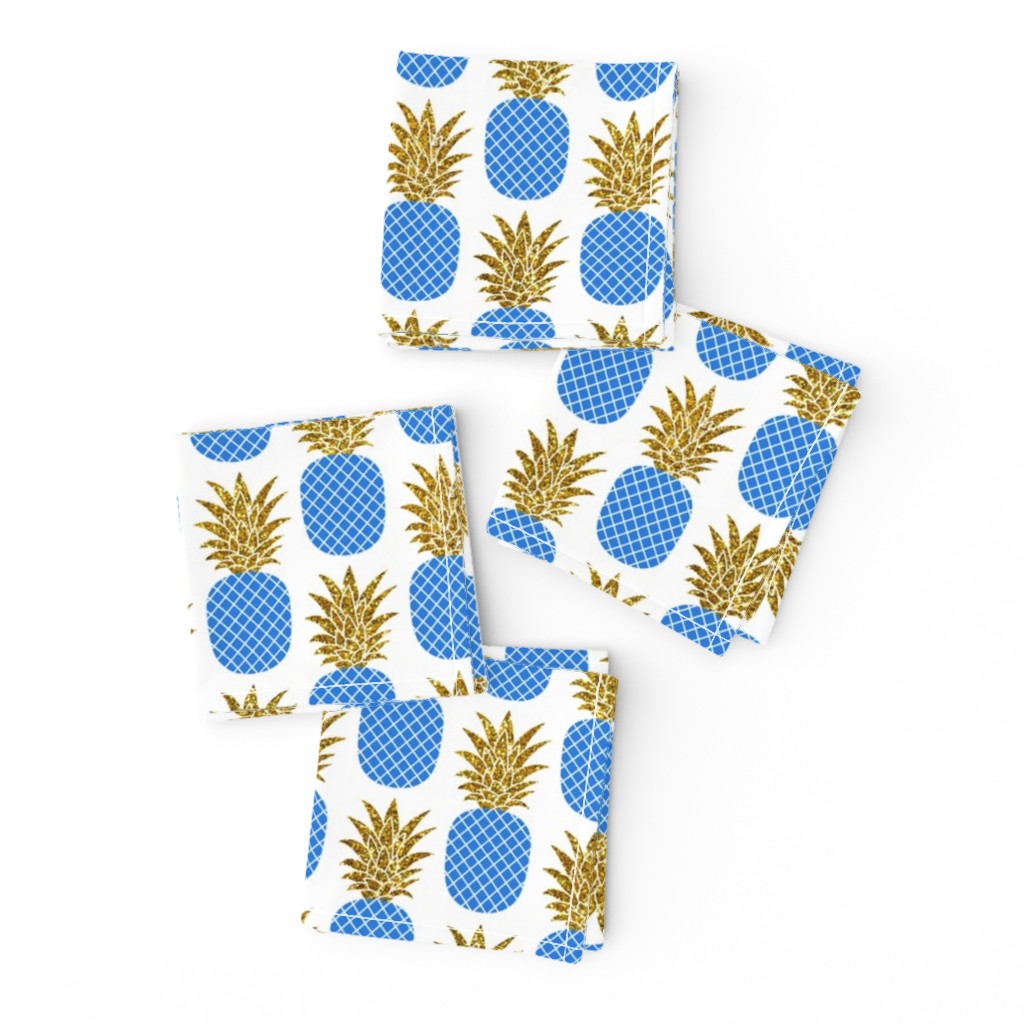 gold glitter pineapples – gold and cobalt on white, small. pineapples faux gold imitation tropical white background hot summer fruits shimmering metal effect texture fabric wallpaper giftwrap