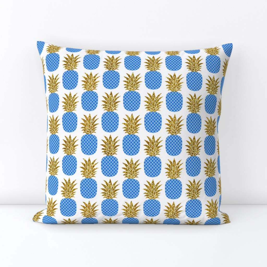 gold glitter pineapples – gold and cobalt on white, small. pineapples faux gold imitation tropical white background hot summer fruits shimmering metal effect texture fabric wallpaper giftwrap