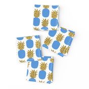 gold glitter pineapples – gold and cobalt on white, small. pineapples faux gold imitation tropical white background hot summer fruits shimmering metal effect texture fabric wallpaper giftwrap