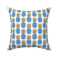 gold glitter pineapples – gold and cobalt on white, small. pineapples faux gold imitation tropical white background hot summer fruits shimmering metal effect texture fabric wallpaper giftwrap