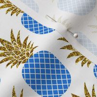 gold glitter pineapples – gold and cobalt on white, small. pineapples faux gold imitation tropical white background hot summer fruits shimmering metal effect texture fabric wallpaper giftwrap