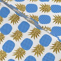 gold glitter pineapples – gold and cobalt on white, small. pineapples faux gold imitation tropical white background hot summer fruits shimmering metal effect texture fabric wallpaper giftwrap