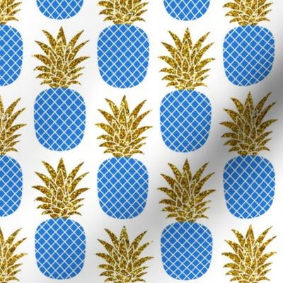 gold glitter pineapples – gold and cobalt on white, small. pineapples faux gold imitation tropical white background hot summer fruits shimmering metal effect texture fabric wallpaper giftwrap