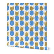 gold glitter pineapples – gold and cobalt on white, small. pineapples faux gold imitation tropical white background hot summer fruits shimmering metal effect texture fabric wallpaper giftwrap