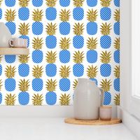 gold glitter pineapples – gold and cobalt on white, small. pineapples faux gold imitation tropical white background hot summer fruits shimmering metal effect texture fabric wallpaper giftwrap