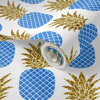 gold glitter pineapples – gold and cobalt on white, small. pineapples faux gold imitation tropical white background hot summer fruits shimmering metal effect texture fabric wallpaper giftwrap