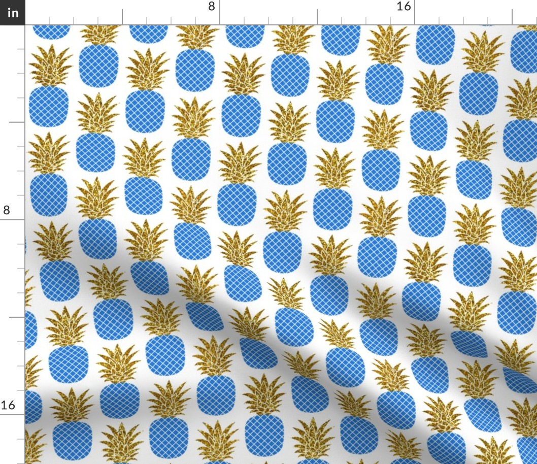 gold glitter pineapples – gold and cobalt on white, small. pineapples faux gold imitation tropical white background hot summer fruits shimmering metal effect texture fabric wallpaper giftwrap