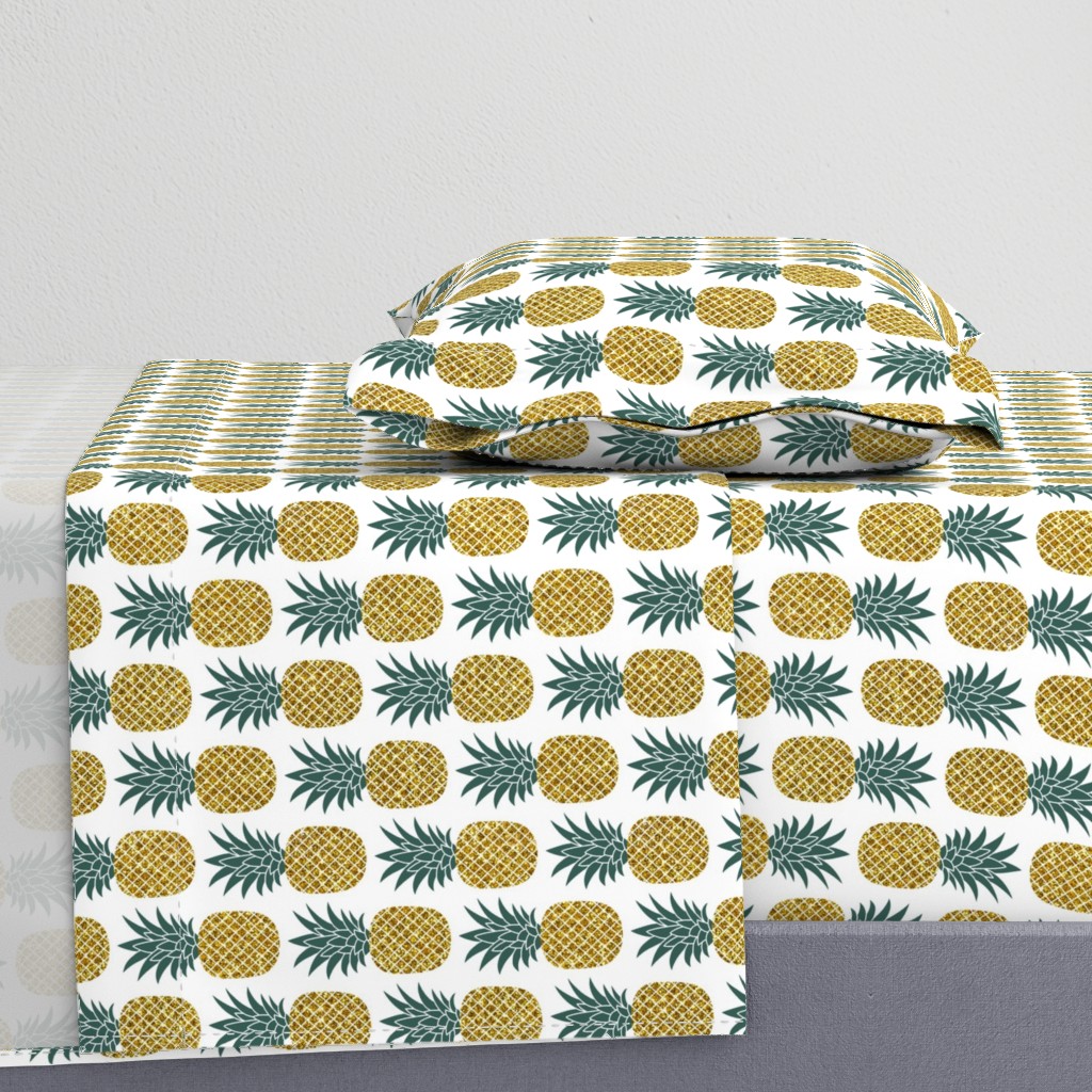 gold glitter pineapples – gold and jungle green on white, medium. pineapples faux gold imitation tropical white background hot summer fruits shimmering metal effect texture fabric wallpaper giftwrap