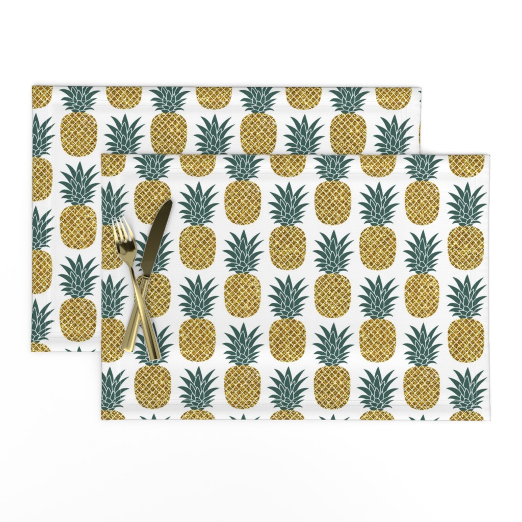 gold glitter pineapples – gold and jungle green on white, medium. pineapples faux gold imitation tropical white background hot summer fruits shimmering metal effect texture fabric wallpaper giftwrap