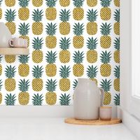 gold glitter pineapples – gold and jungle green on white, medium. pineapples faux gold imitation tropical white background hot summer fruits shimmering metal effect texture fabric wallpaper giftwrap