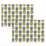 gold glitter pineapples – gold and jungle green on white, medium. pineapples faux gold imitation tropical white background hot summer fruits shimmering metal effect texture fabric wallpaper giftwrap