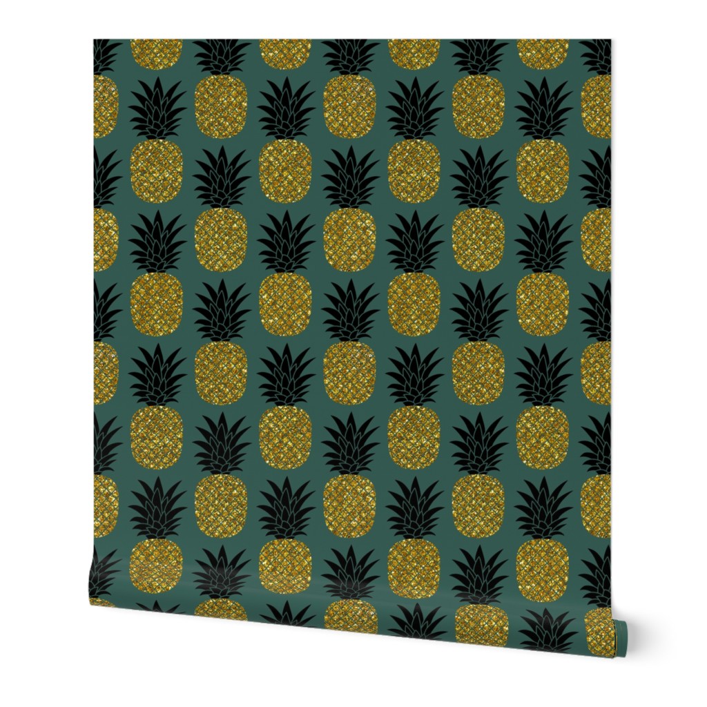 gold glitter pineapples – gold and black on jungle green, medium. pineapples faux gold imitation tropical green background hot summer fruits shimmering metal effect texture fabric wallpaper giftwrap