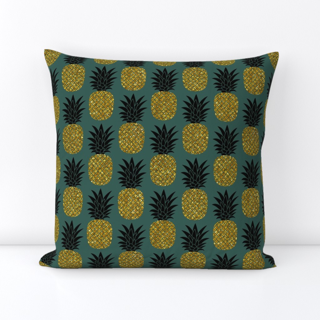 gold glitter pineapples – gold and black on jungle green, medium. pineapples faux gold imitation tropical green background hot summer fruits shimmering metal effect texture fabric wallpaper giftwrap