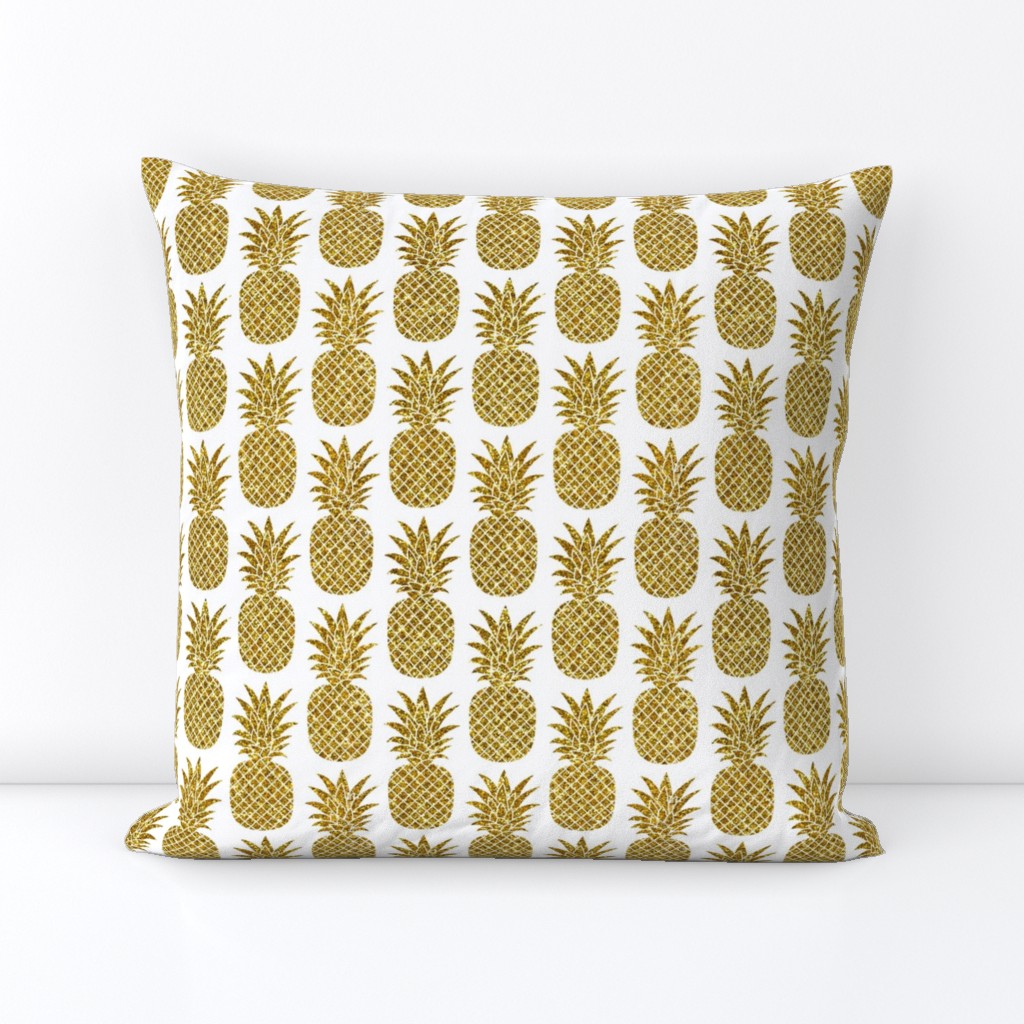 gold glitter pineapples – white, small. pineapples faux gold imitation tropical white background hot summer fruits shimmering metal effect texture fabric wallpaper giftwrap