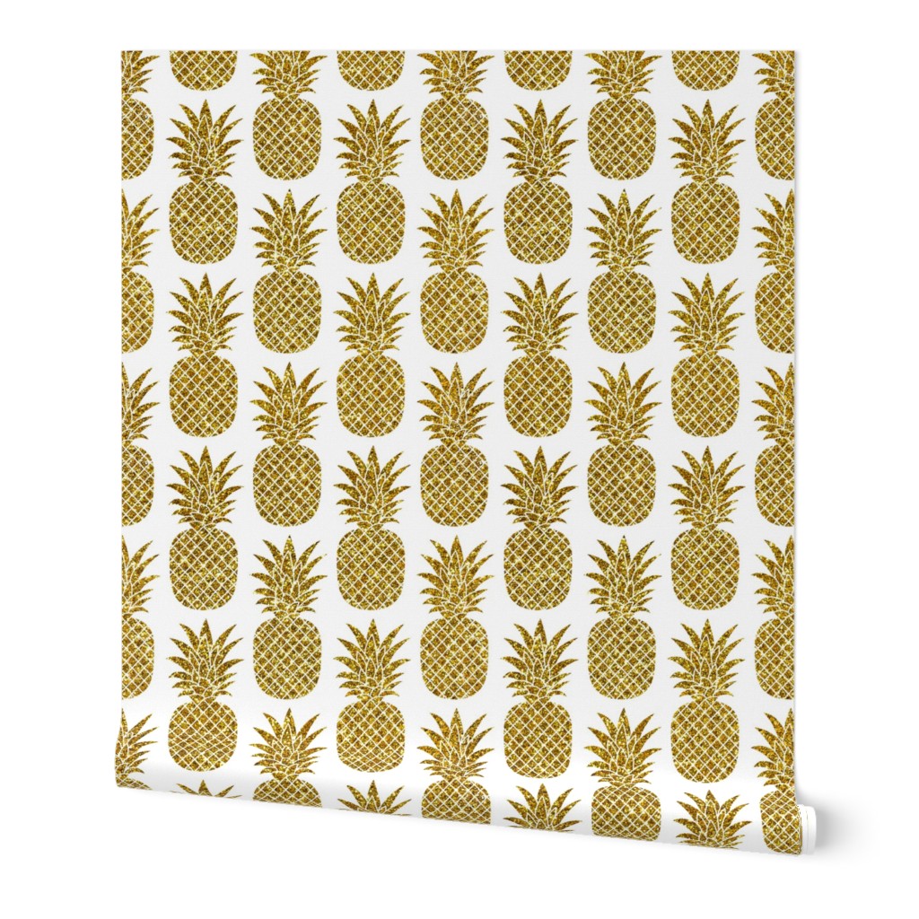 gold glitter pineapples – white, small. pineapples faux gold imitation tropical white background hot summer fruits shimmering metal effect texture fabric wallpaper giftwrap