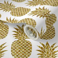 gold glitter pineapples – white, small. pineapples faux gold imitation tropical white background hot summer fruits shimmering metal effect texture fabric wallpaper giftwrap