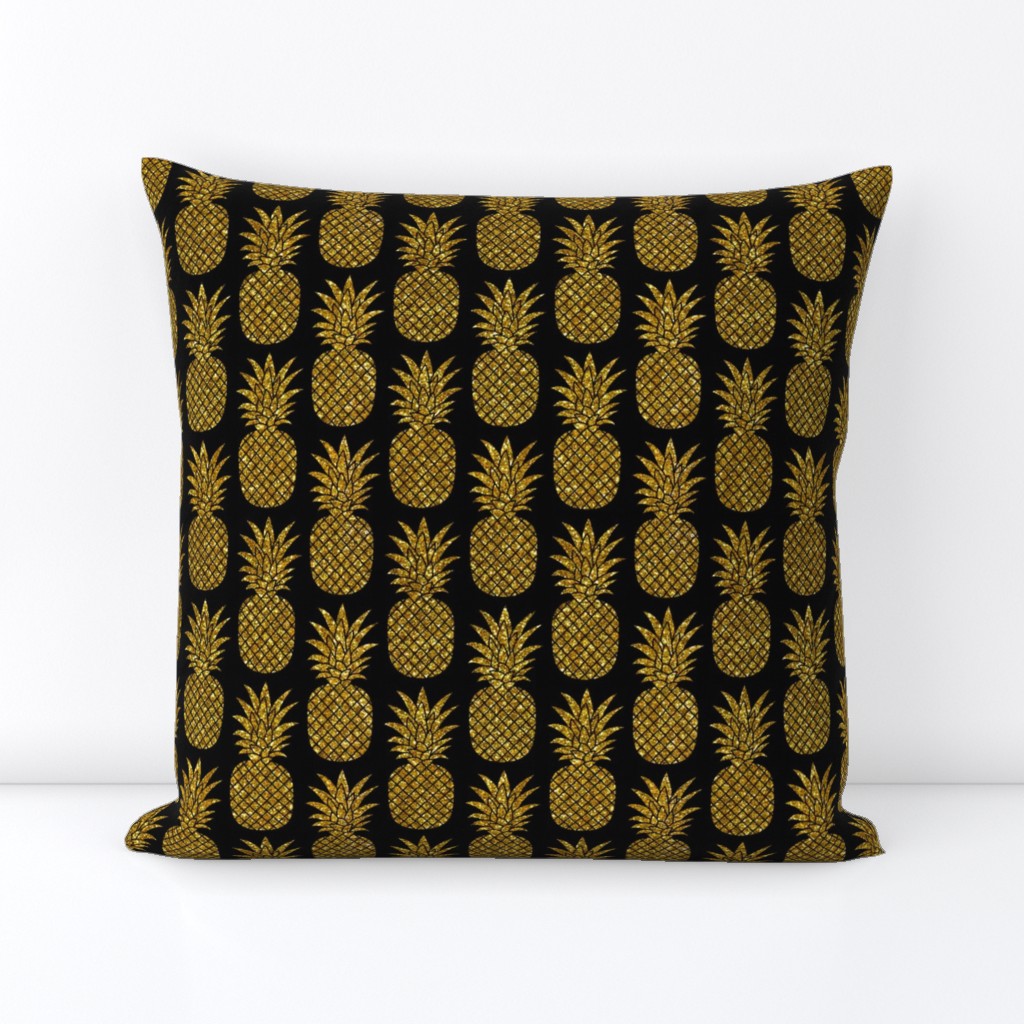 gold glitter pineapples – black, small. pineapples faux gold imitation tropical black background hot summer fruits shimmering metal effect texture fabric wallpaper giftwrap