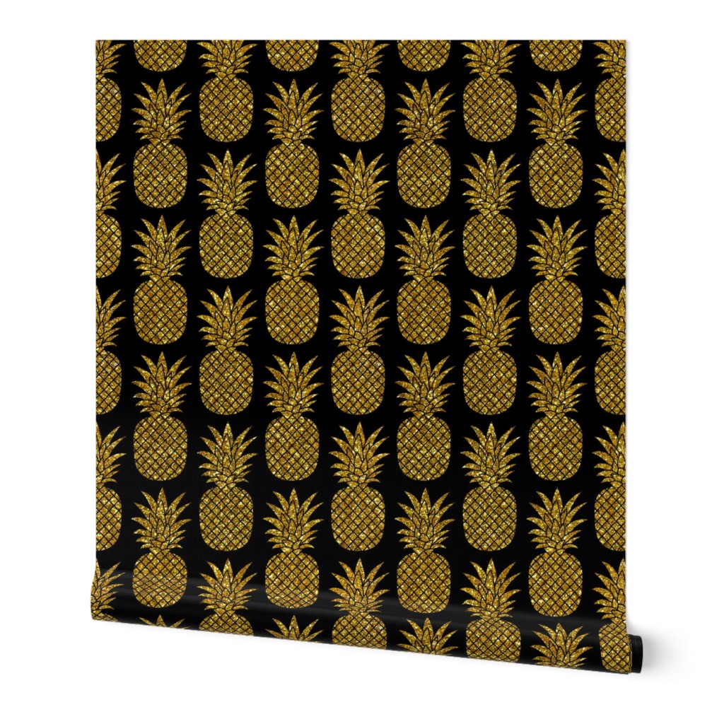 gold glitter pineapples – black, small. pineapples faux gold imitation tropical black background hot summer fruits shimmering metal effect texture fabric wallpaper giftwrap