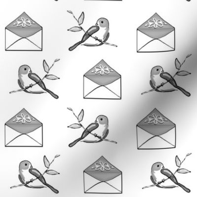 Bird on Branch Love Letter/ Black White Grey Floral Envelope  