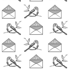 Bird on Branch Love Letter/ Black White Grey Floral Envelope  