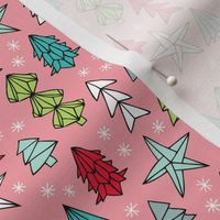 Christmas trees and origami decoration stars seasonal geometric december holiday design pink multi color SMALL